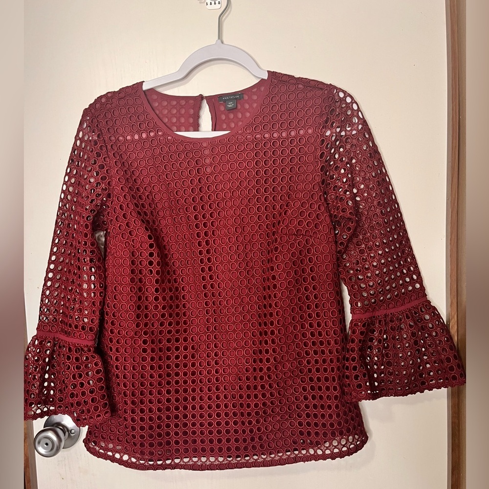 Ann Taylor Deep Red Eyelet Blouse